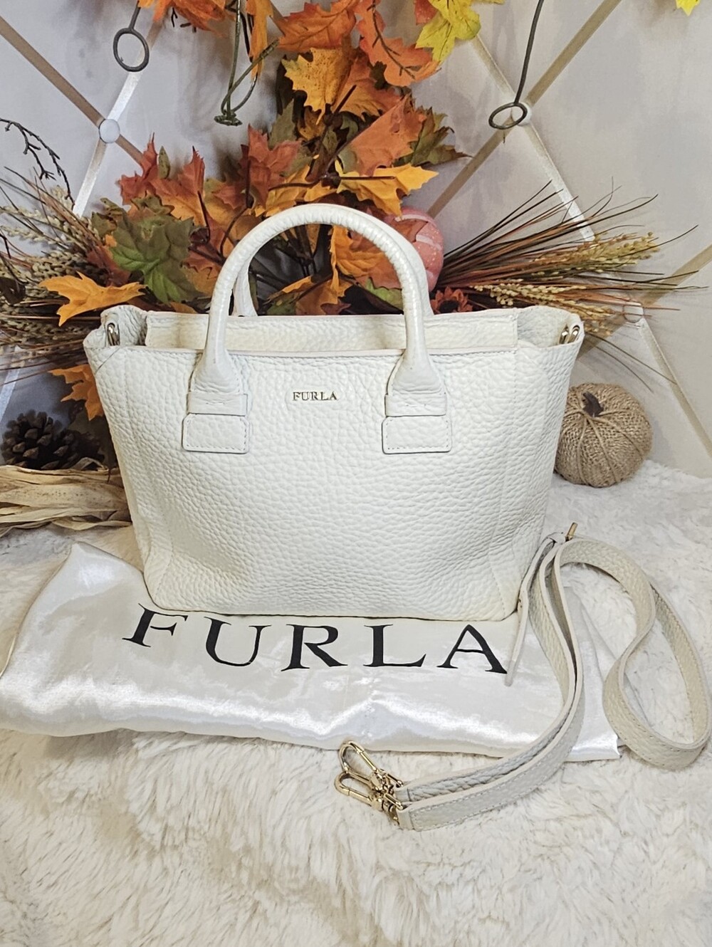 Furla Cream Color Leather Top-Handle Tote with Detachable Strap